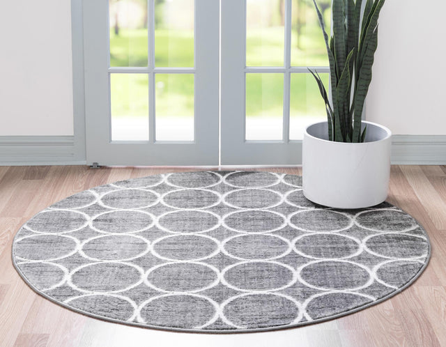 Gray 5' x 5' Matrix Trellis Round Area Rug 100% Polyester Geometric Pattern Modern Carpet for Living, Dining, Bedroom, Office for Sale at Rug Engine