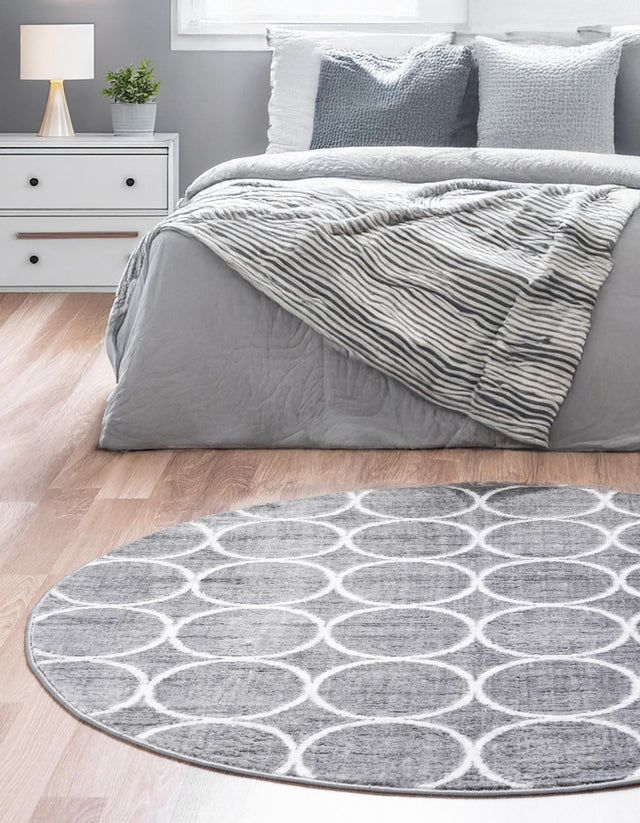 Gray 5' x 5' Matrix Trellis Round Area Rug 100% Polyester Geometric Pattern Modern Carpet for Living, Dining, Bedroom, Office for Sale at Rug Engine