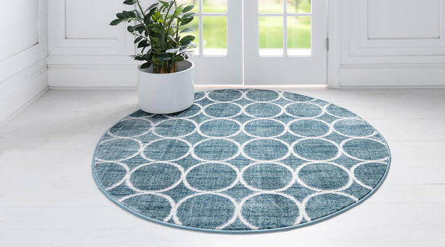 Blue 8' x 8' Matrix Trellis Round Area Rug 100% Polyester Geometric Pattern Modern Carpet for Living, Dining, Bedroom, Office for Sale at Rug Engine