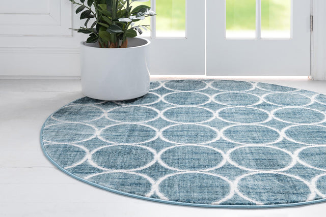 Blue 8' x 8' Matrix Trellis Round Area Rug 100% Polyester Geometric Pattern Modern Carpet for Living, Dining, Bedroom, Office for Sale at Rug Engine