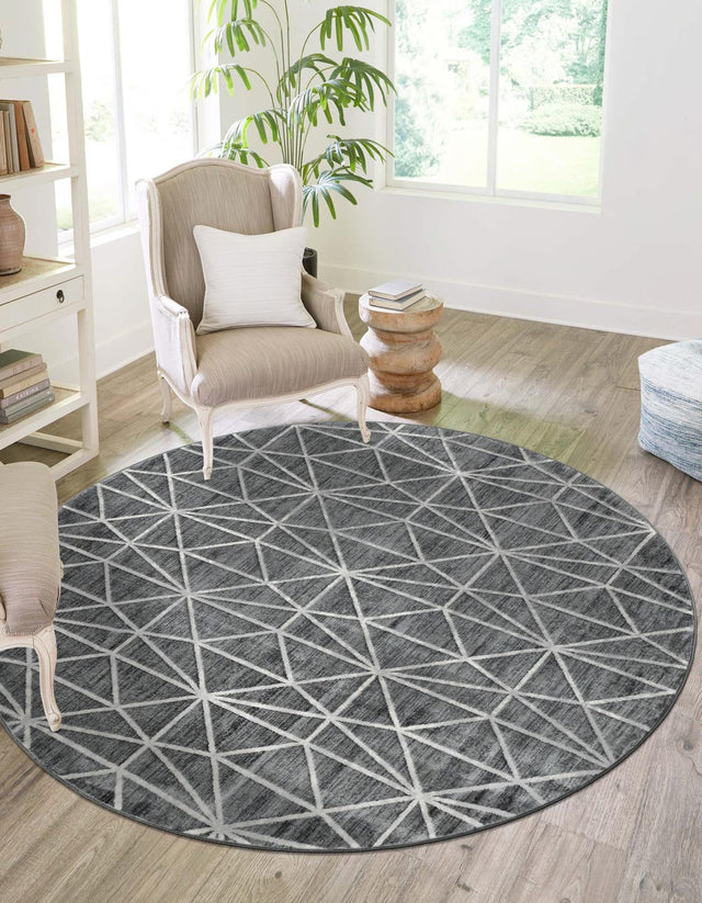 Gray 3' 3 x 3' 3 Matrix Trellis Round Area Rug 100% Polyester Geometric Pattern Modern Carpet for Living, Dining, Bedroom, Office for Sale at Rug Engine