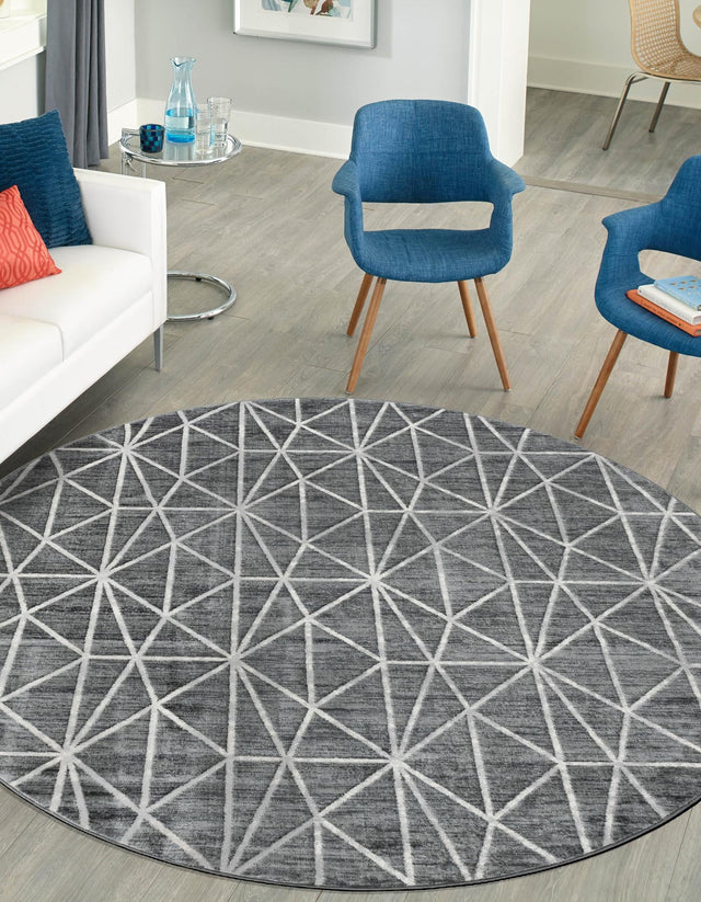 Gray 7' x 7' Matrix Trellis Round Area Rug 100% Polyester Geometric Pattern Modern Carpet for Living, Dining, Bedroom, Office for Sale at Rug Engine