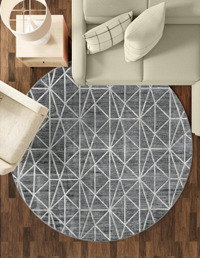 Gray 5' 1 x 5' 1 Matrix Trellis Round Area Rug 100% Polyester Geometric Pattern Modern Carpet for Living, Dining, Bedroom, Office for Sale at Rug Engine