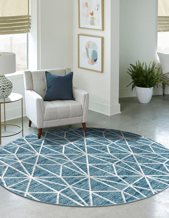 Blue 3' 3 x 3' 3 Matrix Trellis Round Area Rug 100% Polyester Geometric Pattern Modern Carpet for Living, Dining, Bedroom, Office for Sale at Rug Engine