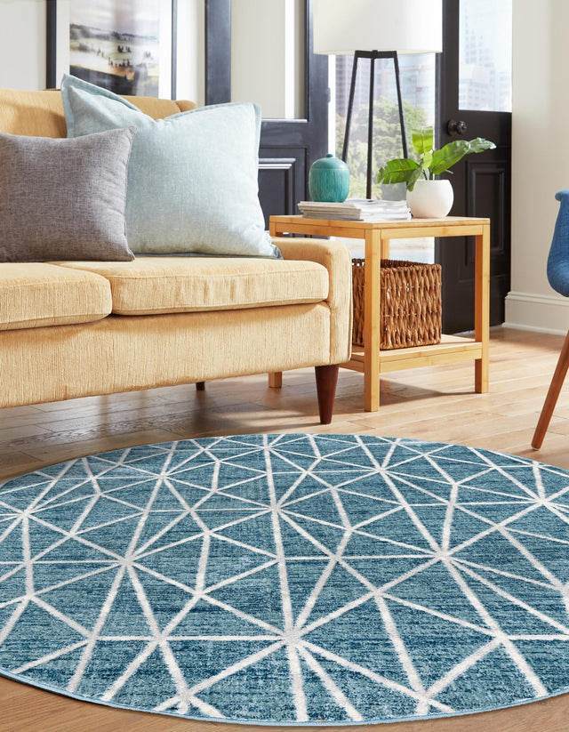Blue 3' 3 x 3' 3 Matrix Trellis Round Area Rug 100% Polyester Geometric Pattern Modern Carpet for Living, Dining, Bedroom, Office for Sale at Rug Engine