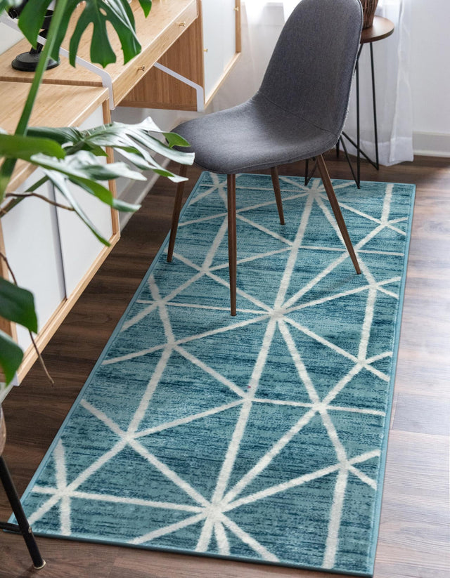 Blue 2' 7 x 16' 5 Matrix Trellis Runner Area Rug 100% Polyester Geometric Pattern Modern Carpet for Living, Dining, Bedroom, Office for Sale at Rug Engine