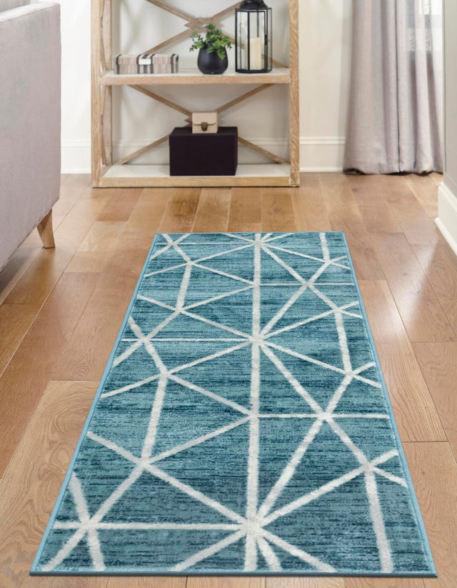 Blue 2' 11 x 19' 8 Matrix Trellis Runner Area Rug 100% Polyester Geometric Pattern Modern Carpet for Living, Dining, Bedroom, Office for Sale at Rug Engine