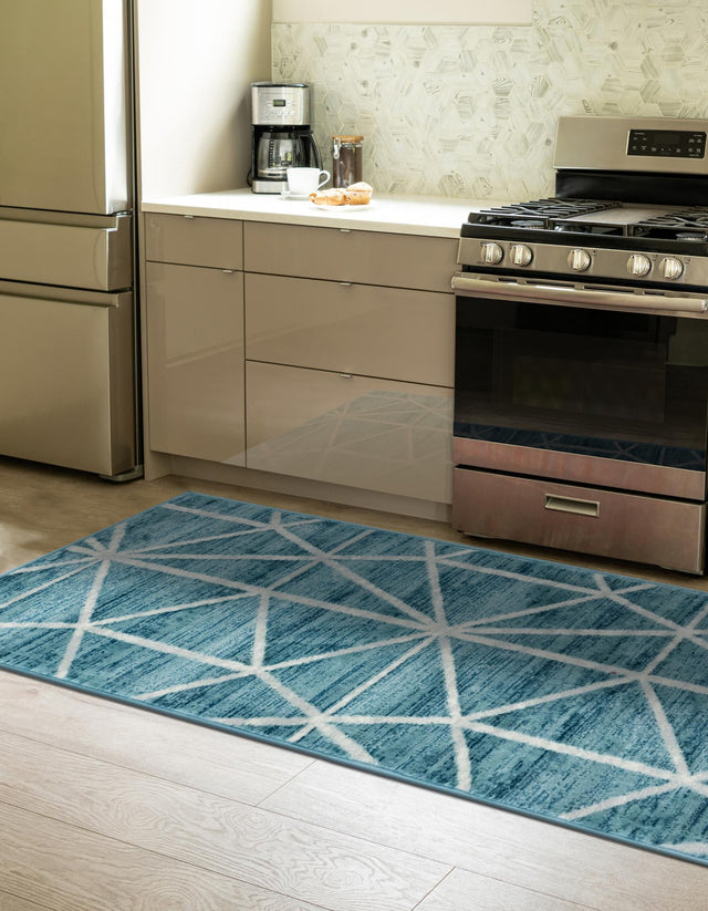 Blue 2' x 8' Matrix Trellis Runner Area Rug 100% Polyester Geometric Pattern Modern Carpet for Living, Dining, Bedroom, Office for Sale at Rug Engine