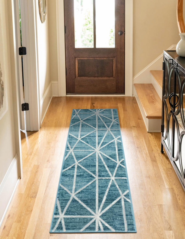 Blue 3' x 10' Matrix Trellis Runner Area Rug 100% Polyester Geometric Pattern Modern Carpet for Living, Dining, Bedroom, Office for Sale at Rug Engine