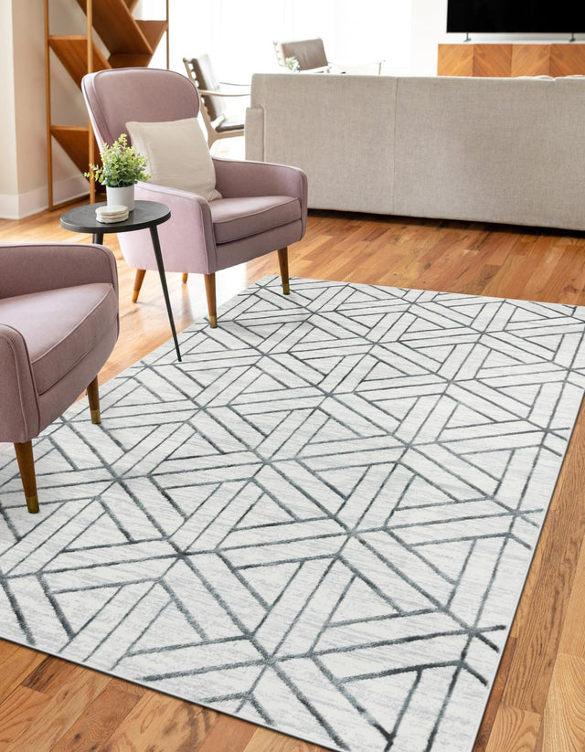 White 4' 1 x 6' 1 Matrix Trellis Rectangle Area Rug 100% Polyester Geometric Pattern Modern Carpet for Living, Dining, Bedroom, Office for Sale at Rug Engine