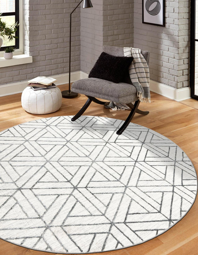 White 3' 3 x 3' 3 Matrix Trellis Round Area Rug 100% Polyester Geometric Pattern Modern Carpet for Living, Dining, Bedroom, Office for Sale at Rug Engine