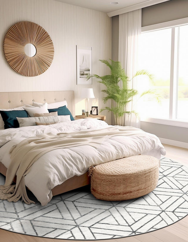 White 3' 3 x 3' 3 Matrix Trellis Round Area Rug 100% Polyester Geometric Pattern Modern Carpet for Living, Dining, Bedroom, Office for Sale at Rug Engine