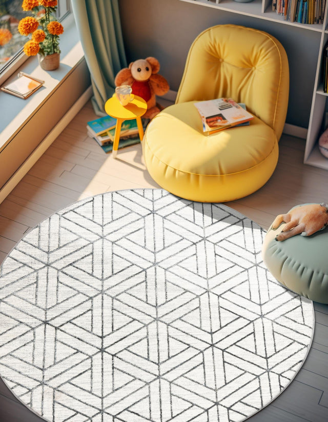 White 8' x 8' Matrix Trellis Round Area Rug 100% Polyester Geometric Pattern Modern Carpet for Living, Dining, Bedroom, Office for Sale at Rug Engine