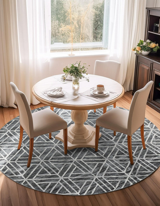 Gray 7' x 7' Matrix Trellis Round Area Rug 100% Polyester Geometric Pattern Modern Carpet for Living, Dining, Bedroom, Office for Sale at Rug Engine