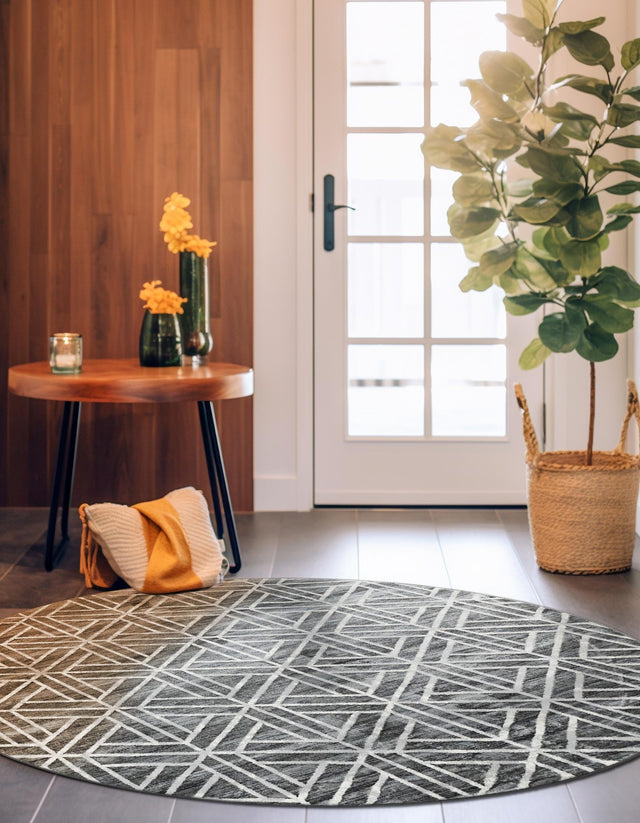 Gray 3' 3 x 3' 3 Matrix Trellis Round Area Rug 100% Polyester Geometric Pattern Modern Carpet for Living, Dining, Bedroom, Office for Sale at Rug Engine