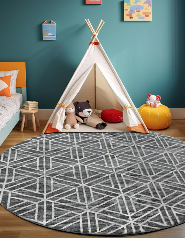 Gray 7' x 7' Matrix Trellis Round Area Rug 100% Polyester Geometric Pattern Modern Carpet for Living, Dining, Bedroom, Office for Sale at Rug Engine
