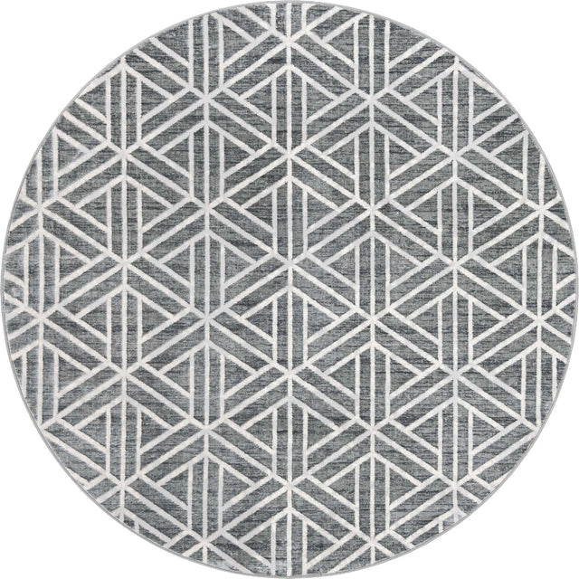 Gray 8' x 8' Matrix Trellis Round Area Rug 100% Polyester Geometric Pattern Modern Carpet for Living, Dining, Bedroom, Office for Sale at Rug Engine