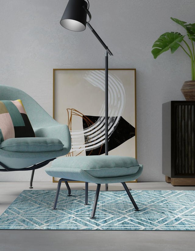 Blue 4' 1 x 6' 1 Matrix Trellis Rectangle Area Rug 100% Polyester Geometric Pattern Modern Carpet for Living, Dining, Bedroom, Office for Sale at Rug Engine