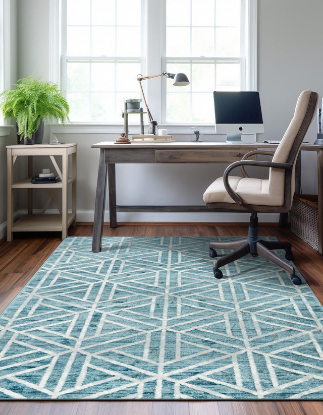Blue 5' 1 x 8' Matrix Trellis Rectangle Area Rug 100% Polyester Geometric Pattern Modern Carpet for Living, Dining, Bedroom, Office for Sale at Rug Engine