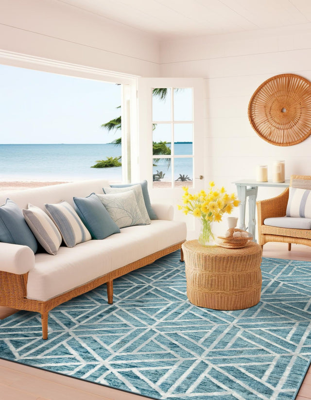 Blue 4' 1 x 6' 1 Matrix Trellis Rectangle Area Rug 100% Polyester Geometric Pattern Modern Carpet for Living, Dining, Bedroom, Office for Sale at Rug Engine