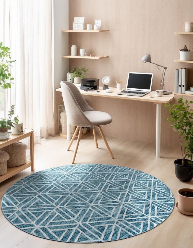 Blue 5' x 5' Matrix Trellis Round Area Rug 100% Polyester Geometric Pattern Modern Carpet for Living, Dining, Bedroom, Office for Sale at Rug Engine