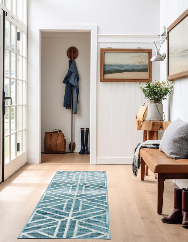 Blue 2' x 6' 1 Matrix Trellis Runner Area Rug 100% Polyester Geometric Pattern Modern Carpet for Living, Dining, Bedroom, Office for Sale at Rug Engine