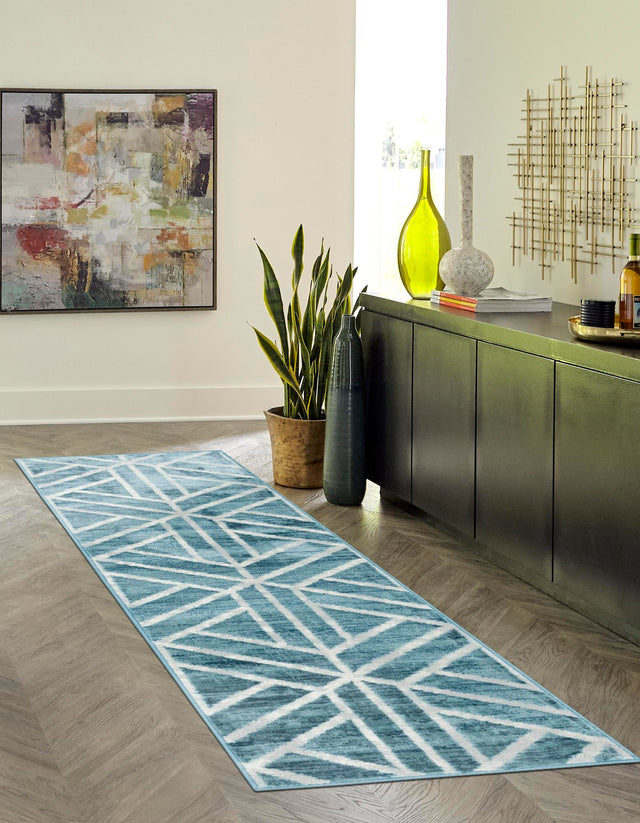 Blue 2' x 6' 1 Matrix Trellis Runner Area Rug 100% Polyester Geometric Pattern Modern Carpet for Living, Dining, Bedroom, Office for Sale at Rug Engine