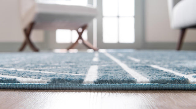 Blue 2' 11 x 19' 8 Matrix Trellis Runner Area Rug 100% Polyester Geometric Pattern Modern Carpet for Living, Dining, Bedroom, Office for Sale at Rug Engine