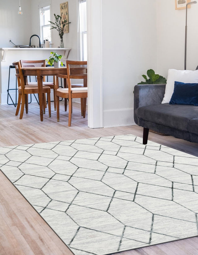 White 8' x 10' Matrix Trellis Rectangle Area Rug 100% Polyester Geometric Pattern Modern Carpet for Living, Dining, Bedroom, Office for Sale at Rug Engine