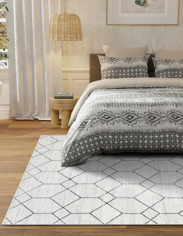 White 6' x 9' Matrix Trellis Rectangle Area Rug 100% Polyester Geometric Pattern Modern Carpet for Living, Dining, Bedroom, Office for Sale at Rug Engine