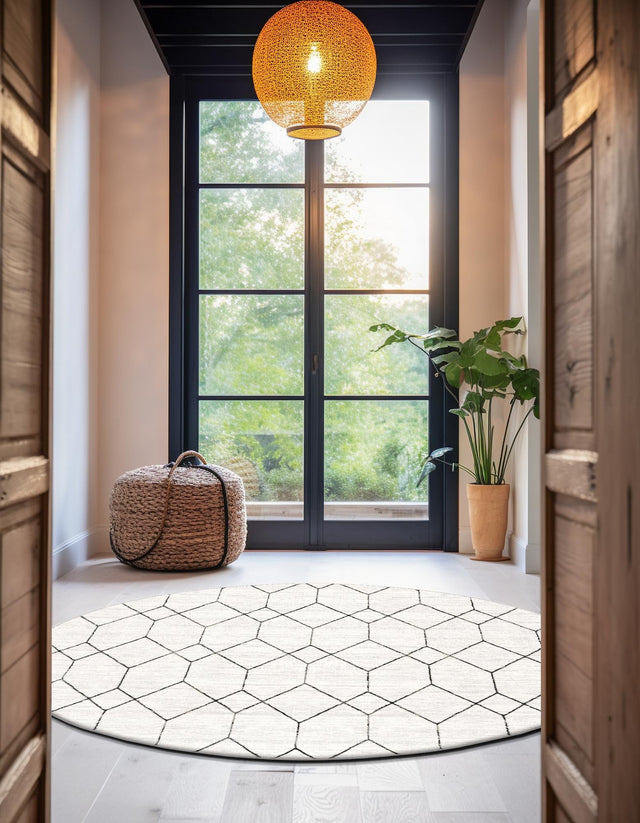 White 8' x 8' Matrix Trellis Round Area Rug 100% Polyester Geometric Pattern Modern Carpet for Living, Dining, Bedroom, Office for Sale at Rug Engine