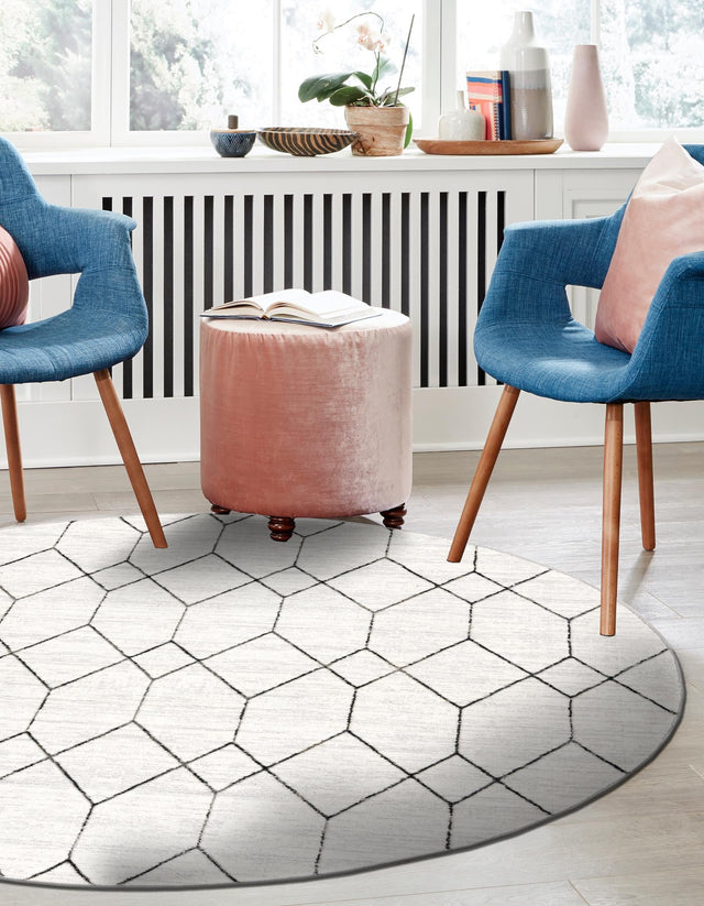 White 3' 3 x 3' 3 Matrix Trellis Round Area Rug 100% Polyester Geometric Pattern Modern Carpet for Living, Dining, Bedroom, Office for Sale at Rug Engine