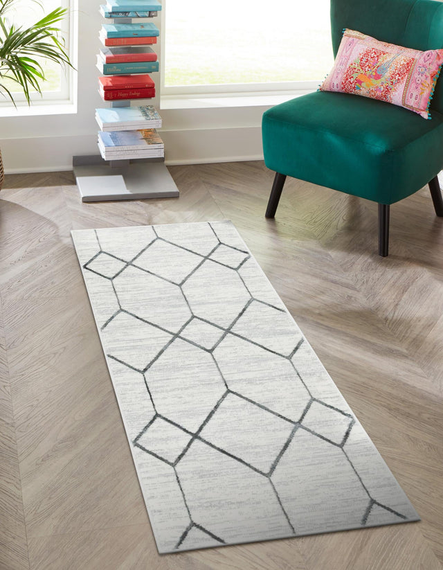 White 2' 7 x 13' Matrix Trellis Runner Area Rug 100% Polyester Geometric Pattern Modern Carpet for Living, Dining, Bedroom, Office for Sale at Rug Engine