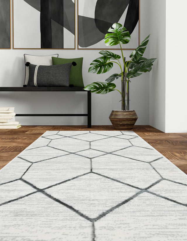 White 2' x 6' 1 Matrix Trellis Runner Area Rug 100% Polyester Geometric Pattern Modern Carpet for Living, Dining, Bedroom, Office for Sale at Rug Engine