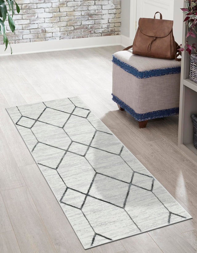 White 3' x 10' Matrix Trellis Runner Area Rug 100% Polyester Geometric Pattern Modern Carpet for Living, Dining, Bedroom, Office for Sale at Rug Engine