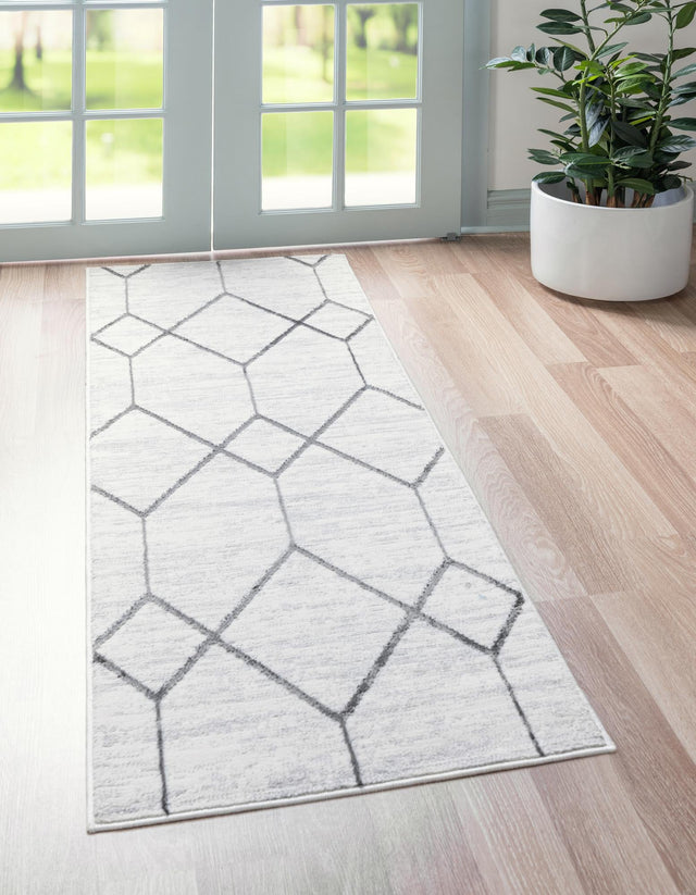 White 2' x 6' 1 Matrix Trellis Runner Area Rug 100% Polyester Geometric Pattern Modern Carpet for Living, Dining, Bedroom, Office for Sale at Rug Engine