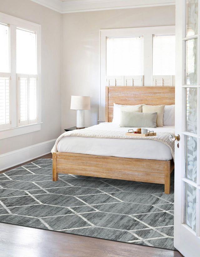 Gray 9' x 12' 2 Matrix Trellis Rectangle Area Rug 100% Polyester Geometric Pattern Modern Carpet for Living, Dining, Bedroom, Office for Sale at Rug Engine