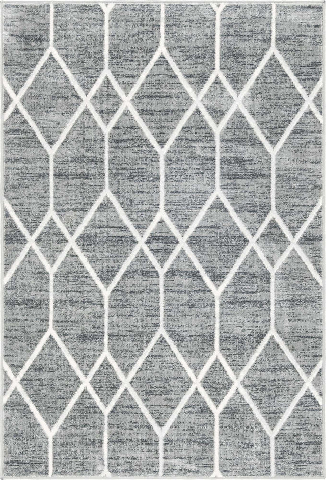 Gray 4' 1 x 6' 1 Matrix Trellis Rectangle Area Rug 100% Polyester Geometric Pattern Modern Carpet for Living, Dining, Bedroom, Office for Sale at Rug Engine