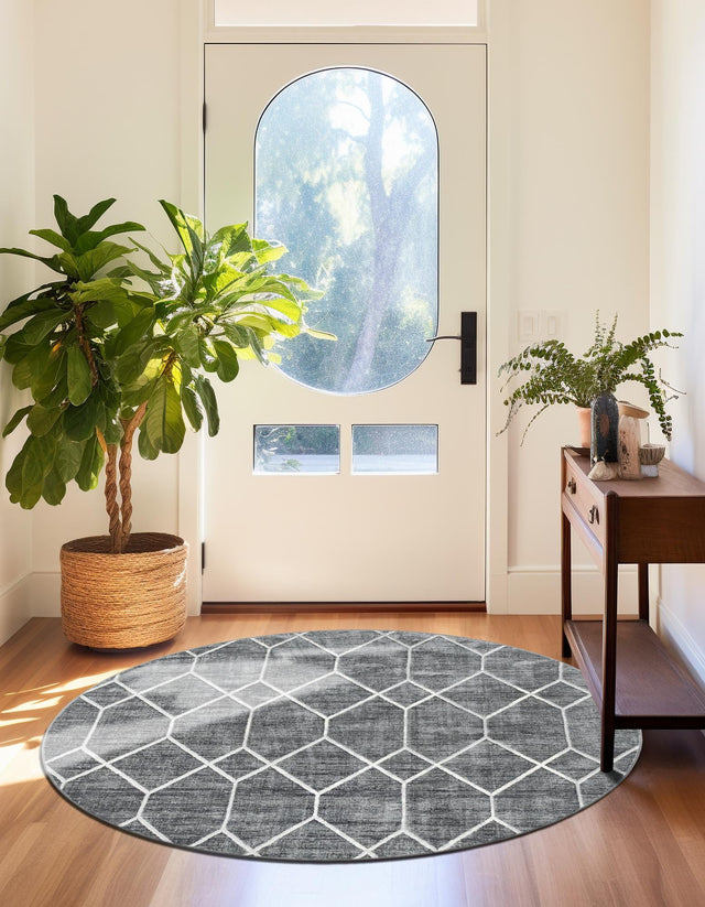 Gray 5' x 5' Matrix Trellis Round Area Rug 100% Polyester Geometric Pattern Modern Carpet for Living, Dining, Bedroom, Office for Sale at Rug Engine