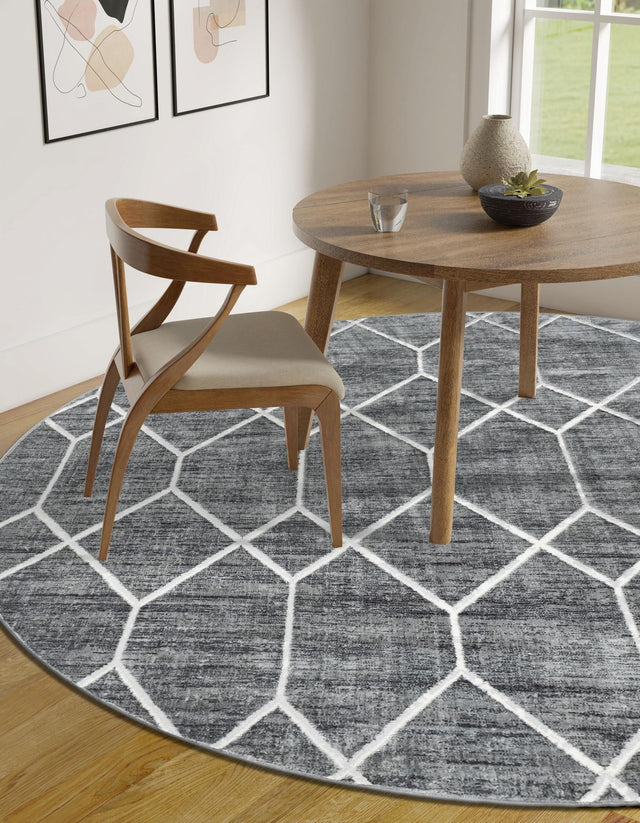 Gray 8' x 8' Matrix Trellis Round Area Rug 100% Polyester Geometric Pattern Modern Carpet for Living, Dining, Bedroom, Office for Sale at Rug Engine