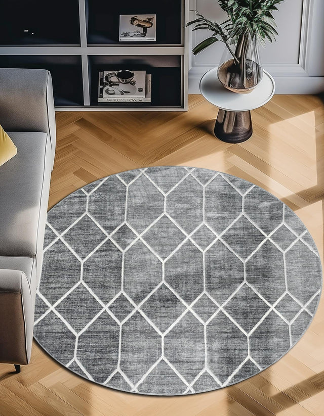 Gray 8' x 8' Matrix Trellis Round Area Rug 100% Polyester Geometric Pattern Modern Carpet for Living, Dining, Bedroom, Office for Sale at Rug Engine