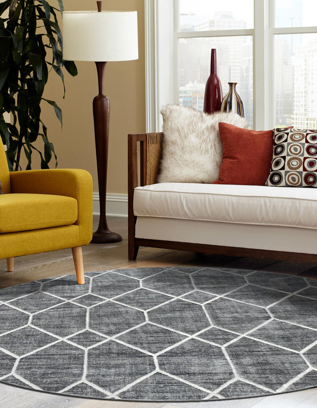 Gray 8' x 8' Matrix Trellis Round Area Rug 100% Polyester Geometric Pattern Modern Carpet for Living, Dining, Bedroom, Office for Sale at Rug Engine