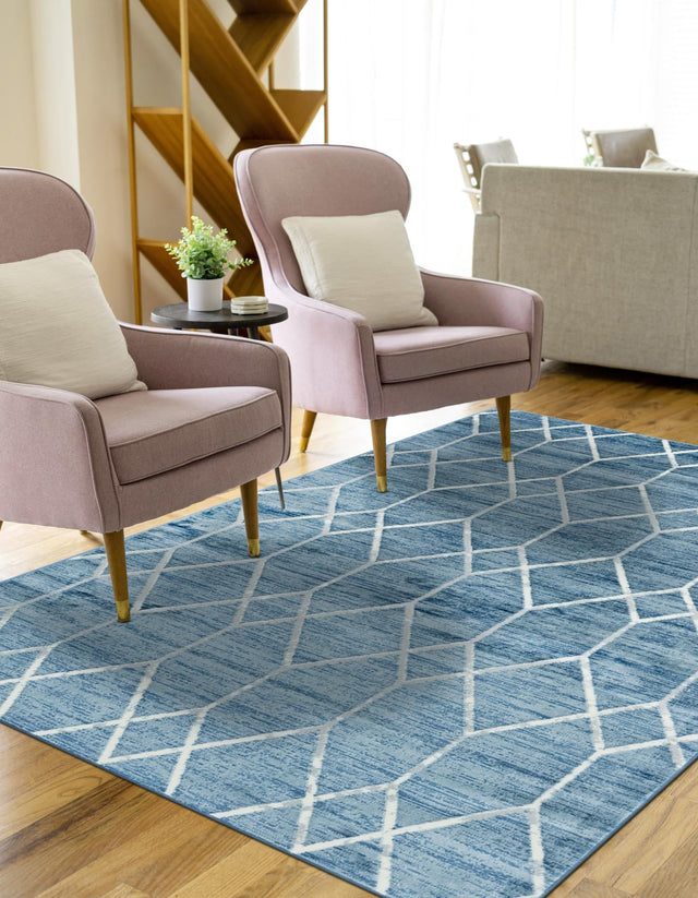Blue 9' x 12' 2 Matrix Trellis Rectangle Area Rug 100% Polyester Geometric Pattern Modern Carpet for Living, Dining, Bedroom, Office for Sale at Rug Engine