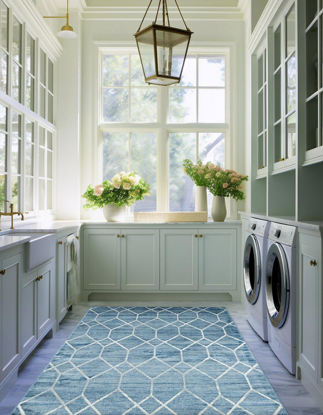 Blue 8' x 10' Matrix Trellis Rectangle Area Rug 100% Polyester Geometric Pattern Modern Carpet for Living, Dining, Bedroom, Office for Sale at Rug Engine