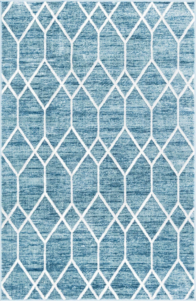 Blue 5' 1 x 8' Matrix Trellis Rectangle Area Rug 100% Polyester Geometric Pattern Modern Carpet for Living, Dining, Bedroom, Office for Sale at Rug Engine