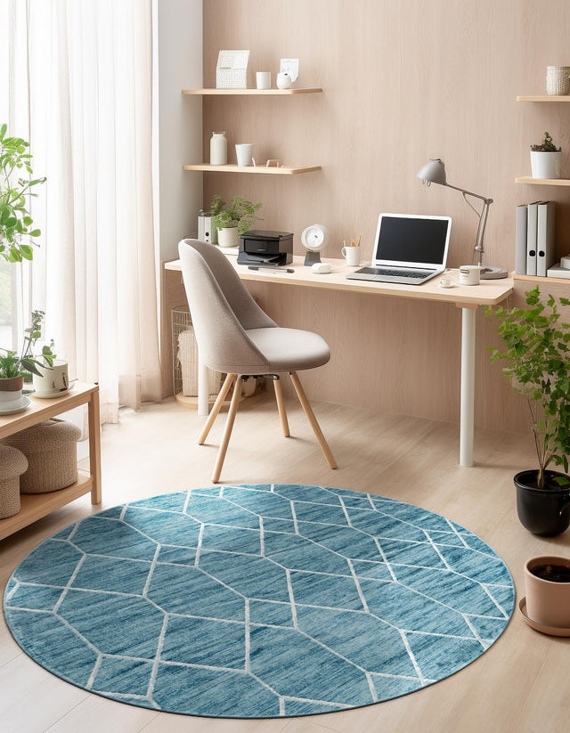 Blue 5' 1 x 5' 1 Matrix Trellis Round Area Rug 100% Polyester Geometric Pattern Modern Carpet for Living, Dining, Bedroom, Office for Sale at Rug Engine