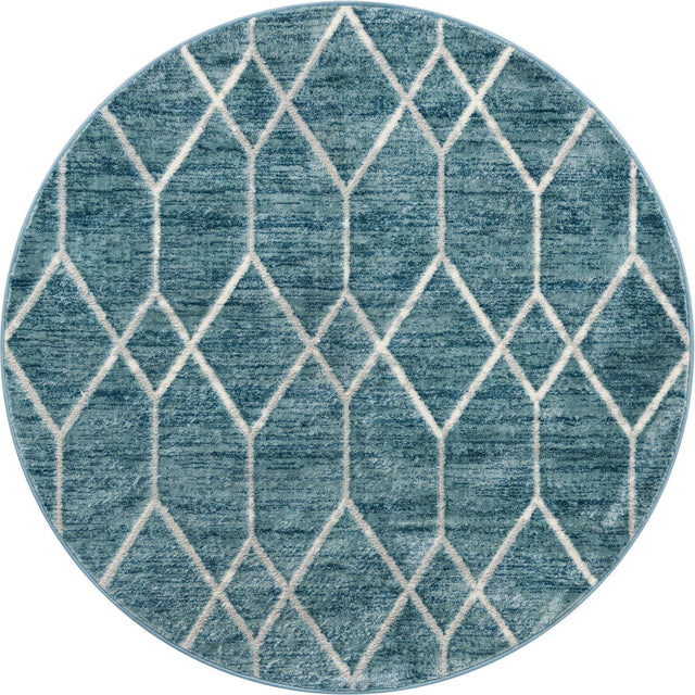 Blue 5' 1 x 5' 1 Matrix Trellis Round Area Rug 100% Polyester Geometric Pattern Modern Carpet for Living, Dining, Bedroom, Office for Sale at Rug Engine