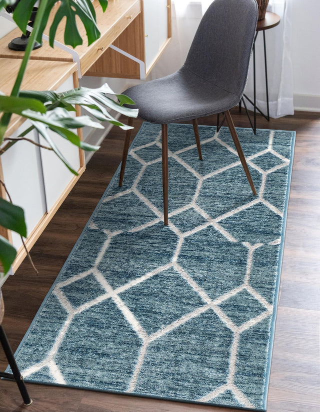 Blue 2' x 8' Matrix Trellis Runner Area Rug 100% Polyester Geometric Pattern Modern Carpet for Living, Dining, Bedroom, Office for Sale at Rug Engine