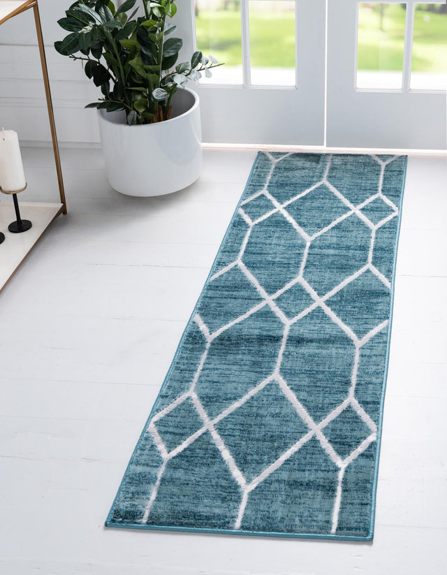 Blue 2' 7 x 16' 5 Matrix Trellis Runner Area Rug 100% Polyester Geometric Pattern Modern Carpet for Living, Dining, Bedroom, Office for Sale at Rug Engine