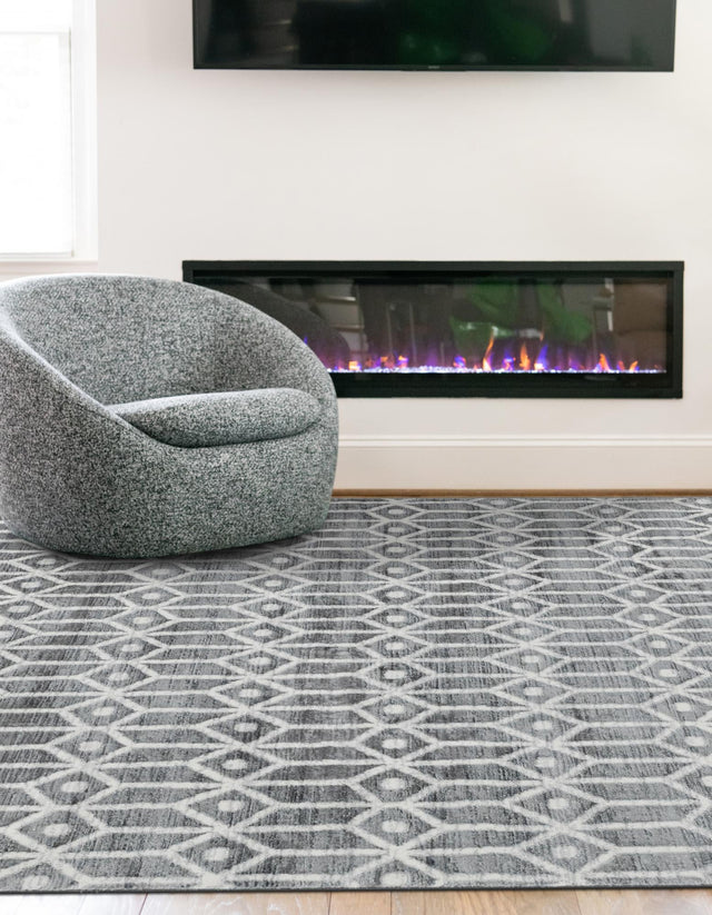 Gray 7' 1 x 10' Matrix Trellis Rectangle Area Rug 100% Polyester Geometric Pattern Modern Carpet for Living, Dining, Bedroom, Office for Sale at Rug Engine